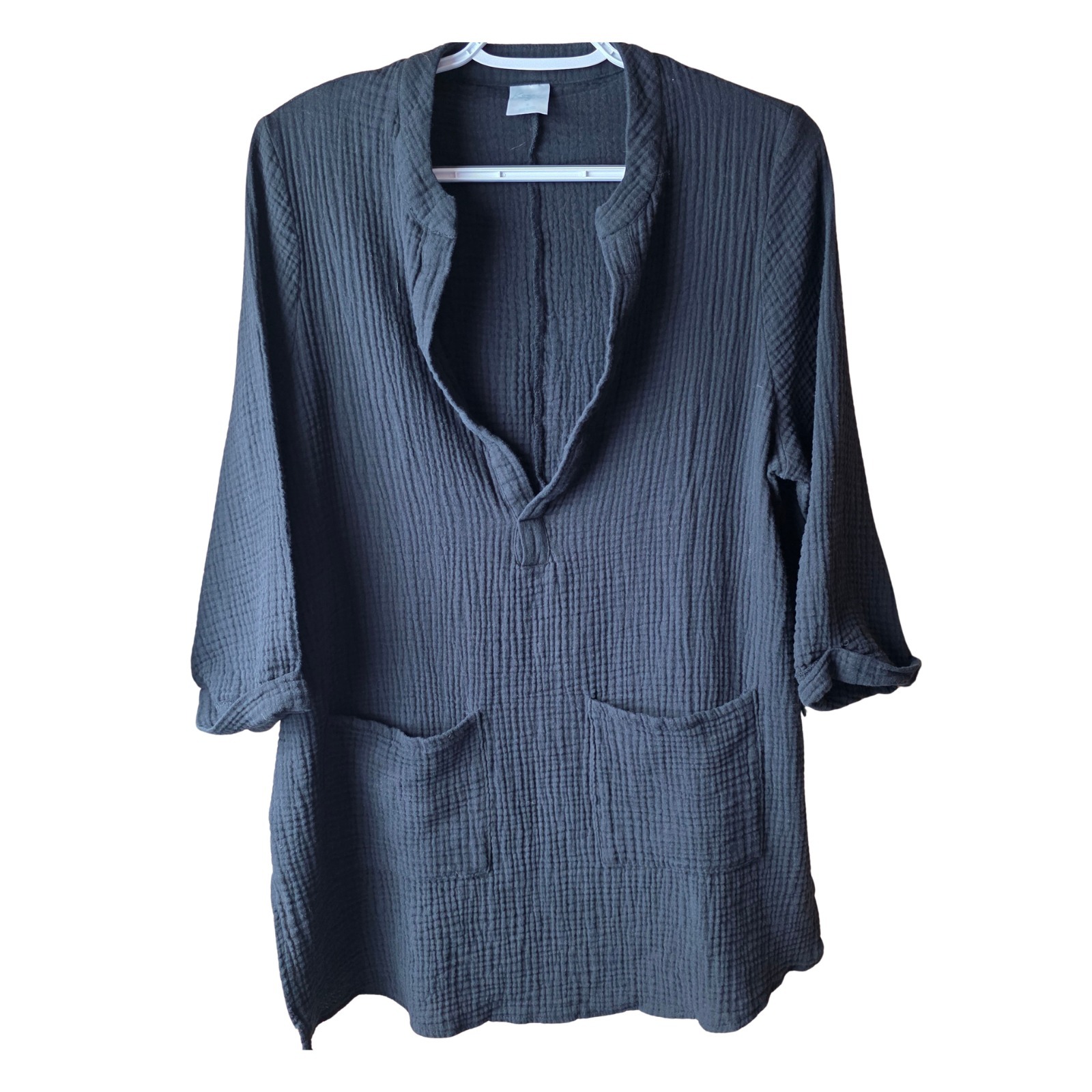 Kona Sol Womens Small Black Cotton Gauze Tunic Top Pockets Boho 3/4 Sleeve